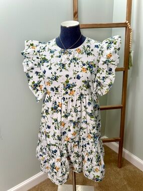 Zara White Floral Ruffled Sleeve Eyelet Tiered Mini Dress Size Small